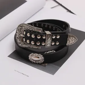 Women's Edgy Silver Rivets Carved Floral Leather Belt