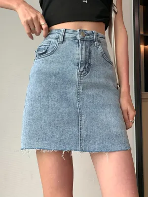 Women's High-Waist Frayed Hem Denim Skirt, Summer Vintage Casual A-Line Skater Skirt, Stretchy Slim Fit Jean Mini Skirt, Trendy Streetwear