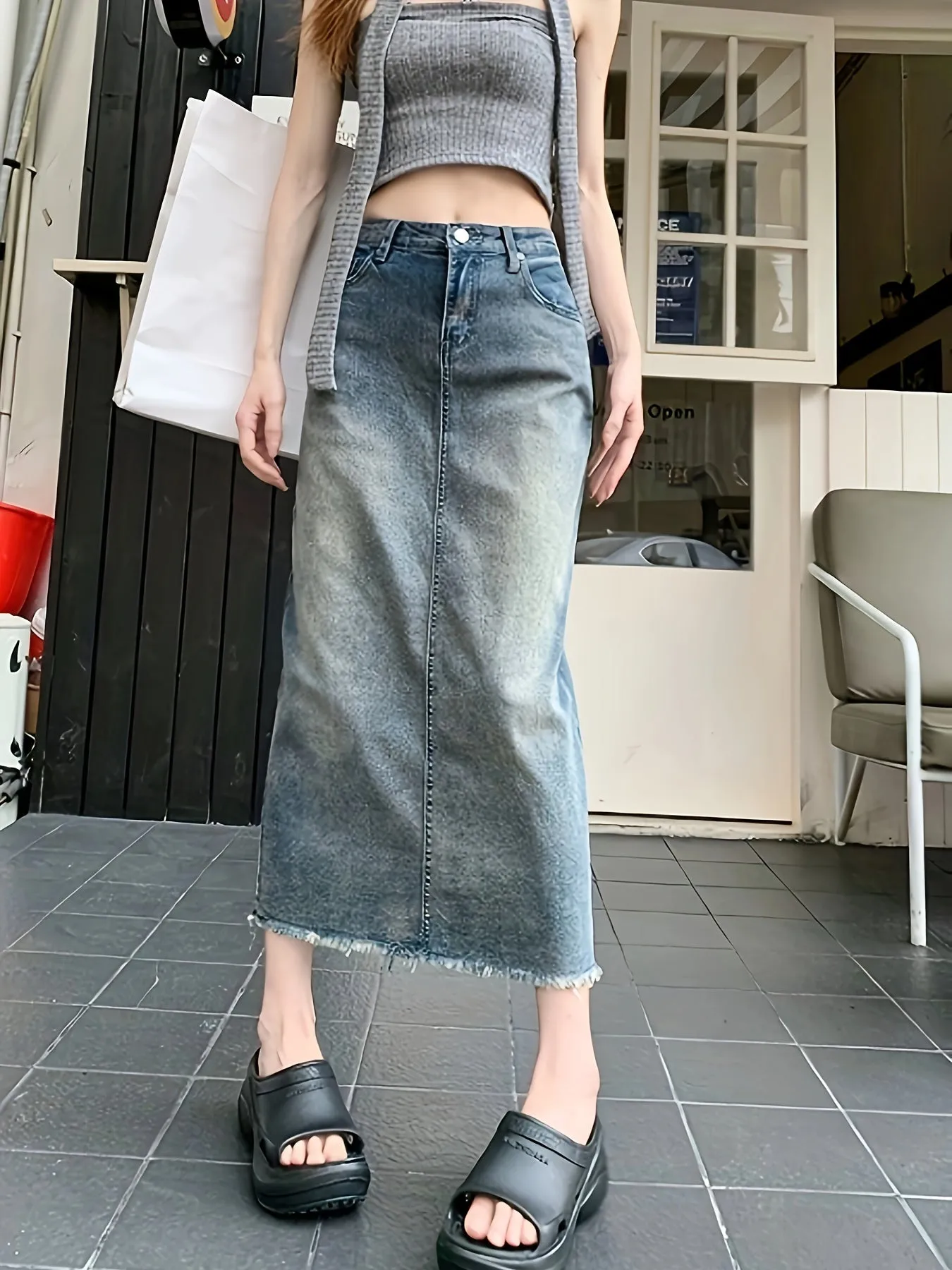 Women's High-Waisted Vintage Wash Denim Midi Skirt With Slit Hem, Romantic Style, Frayed Hem Casual Jean Skirt