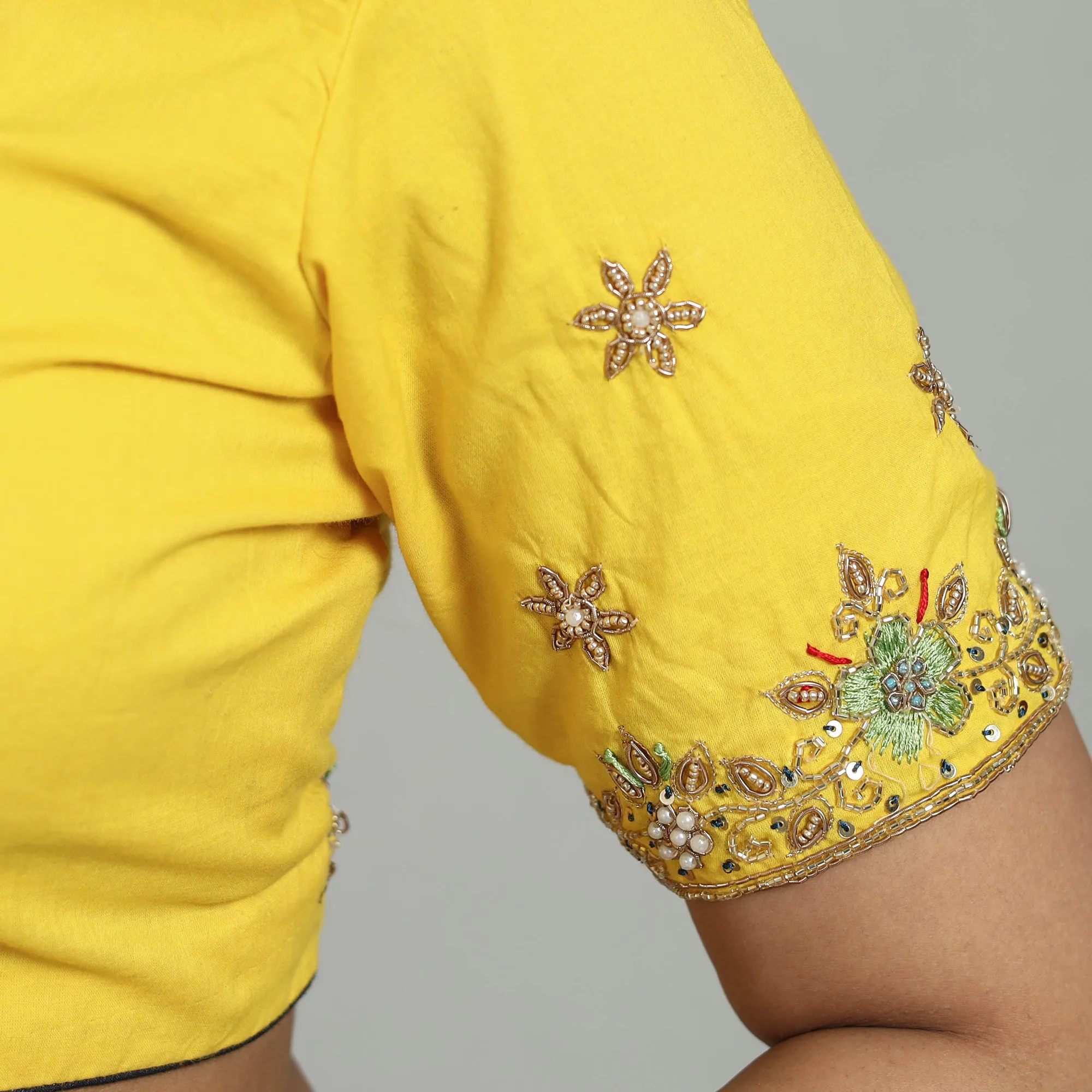 Yellow - Zardozi Hand Embroidery Cotton Blouse 07